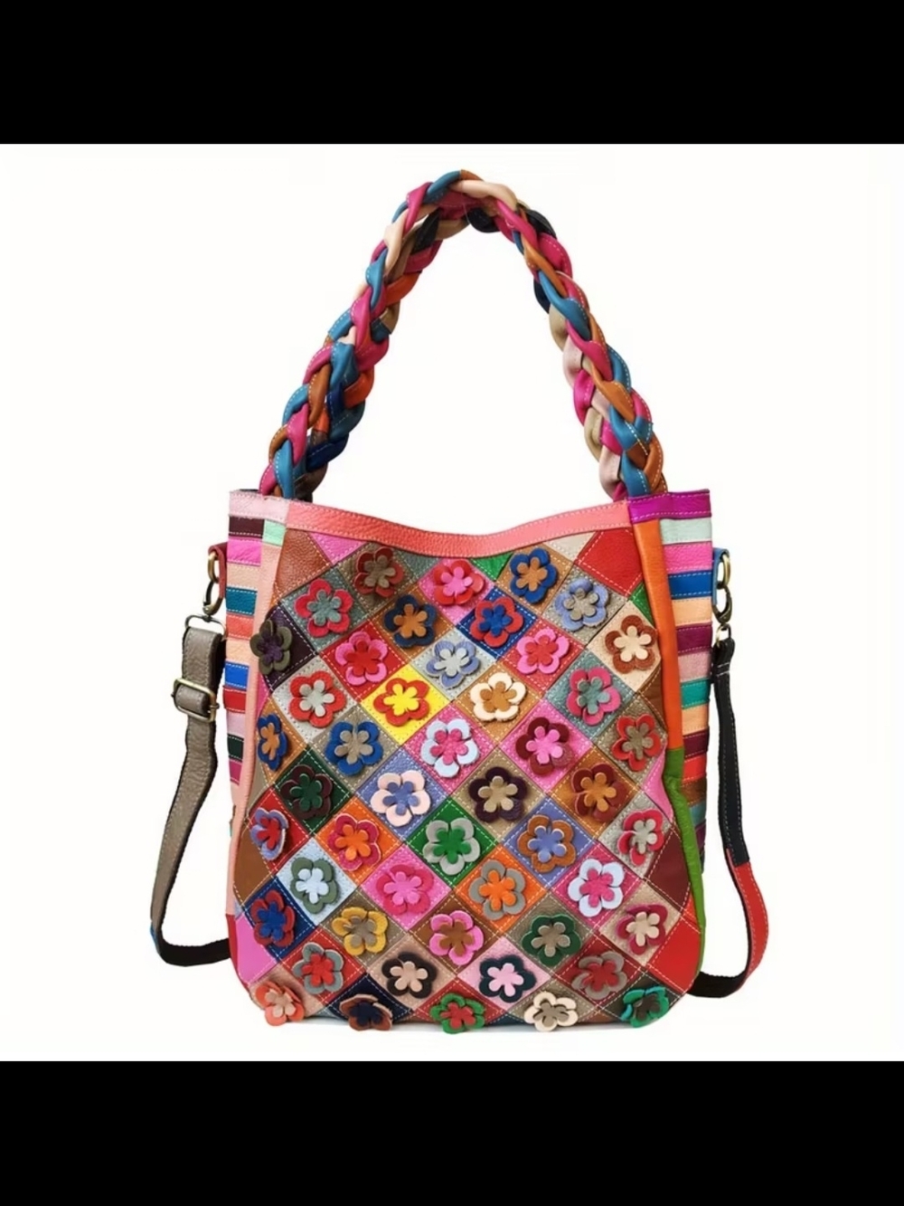 ♥️Multicolor Patchwork Floral Genuine Leather Shoulder Bag Large - Picture 11 of 12